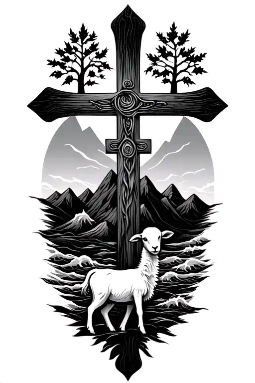 Christian cross with mountains, waves , animals e.g a lamb forming the horizontal part of the cross. a tree icon forming tattoo design idea