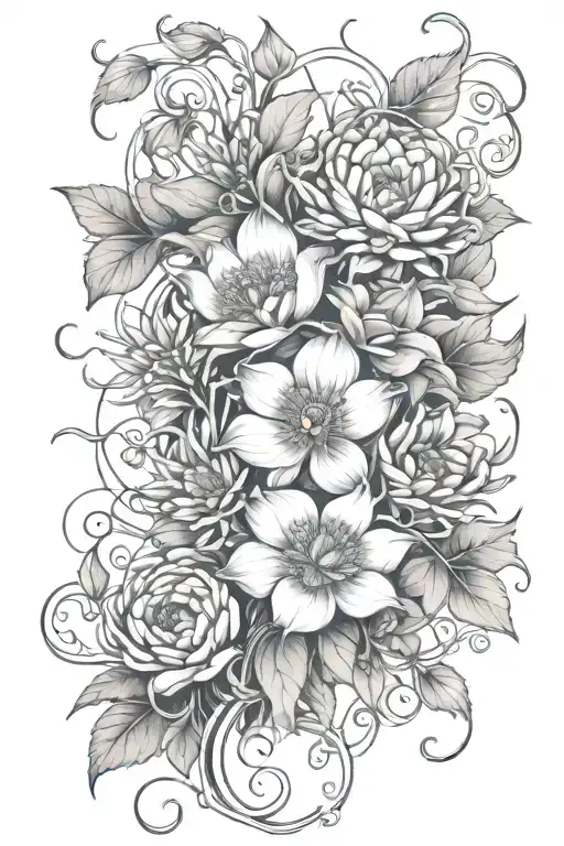 flowers intertwined with 1 poppy, 1 water lily, 2 chrysanthemums, 1 morning glory, 1 narcissus, 2 snowdrops, & 2 violets tattoo design idea