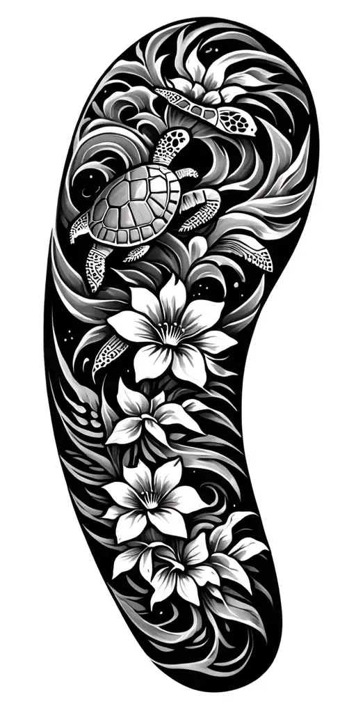hawaiian tribal with ocean waves, flowers and sea turtles tattoo design idea