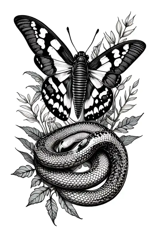 moth and plants and snake wrapped loosely tattoo design idea