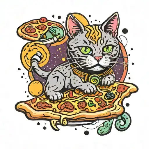 space cat pizza tattoo design idea