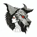 a girl soothing a snarling beast with red eyes tattoo design idea