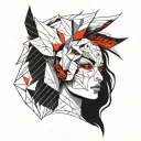 a girl soothing a snarling beast with red eyes tattoo design idea