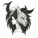 a girl soothing a snarling beast with red eyes tattoo design idea