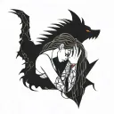 a girl soothing a snarling beast with red eyes tattoo design idea