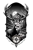 mountains with a stream, moonlight, torn u.s flag, mule deer buck with drop tin,old not all who wonder are lost compass  tattoo design idea