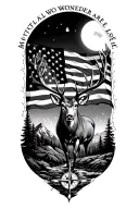 mountains with a stream, moonlight, torn u.s flag, mule deer buck with drop tin,old not all who wonder are lost compass  tattoo design idea