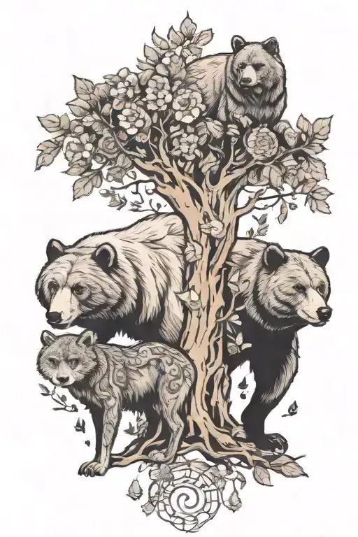 bear walking with a wolf and a female dear with a owl and butterflies under the tree of life tattoo design idea