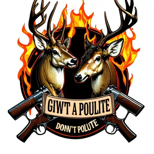 a buck and bass surrounded by crossed shotguns by fires surrounded by words that say give a hoot don't pollute tattoo design idea
