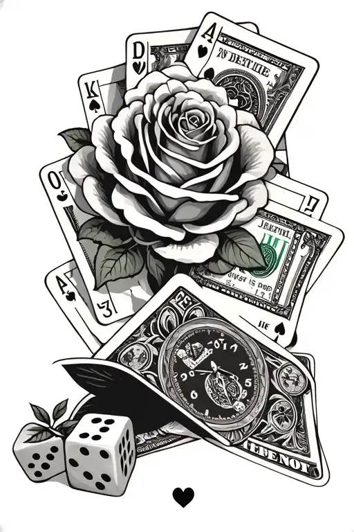 deck of cards with the quote death is certain life is not  , roses , money , and clocks , dice tattoo design idea