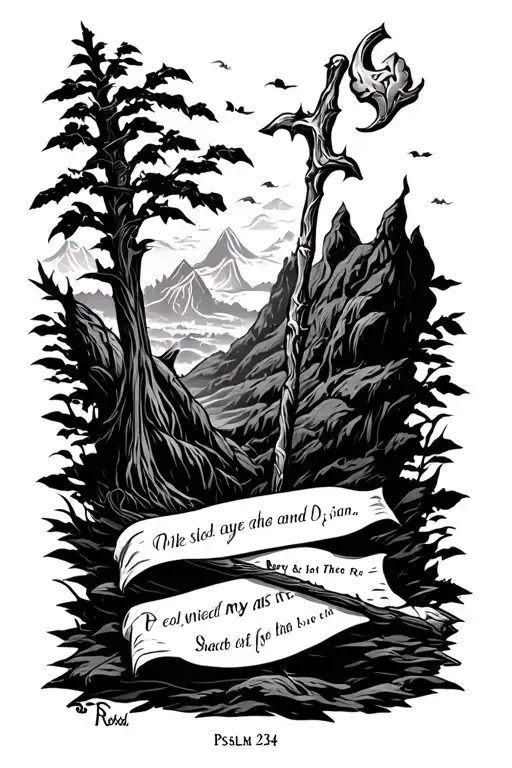 christian, rod, staff, valley, psalm 23:4 black and white tattoo design idea