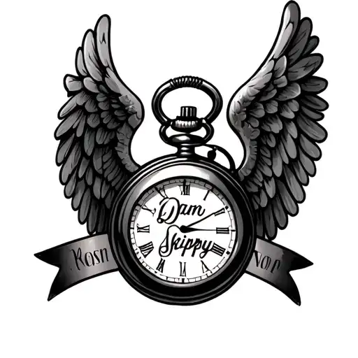 "Your Dam Skippy" pocket watch angel wings tattoo design idea