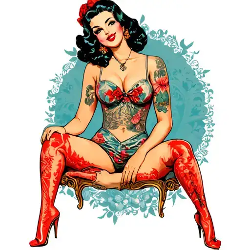 Tan Latina Full body posing vintage pin up girl sitting tattoo design idea