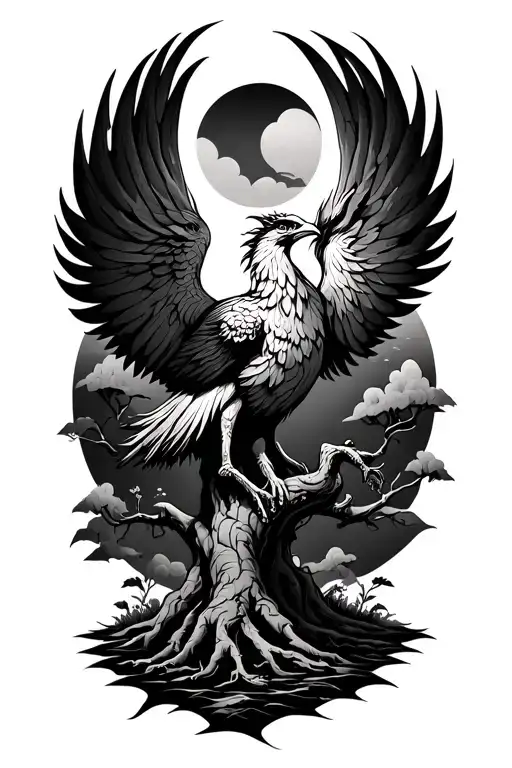 banyan tree with phoenix rising from addiction tattoo design idea