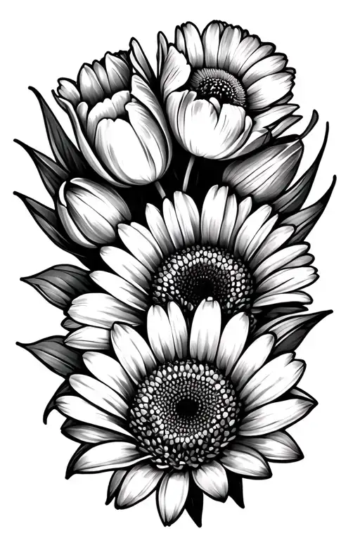 tulips and gerber daisies fine line back of forearm tattoo design idea