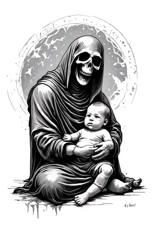 grim reaper gifting a baby boy tattoo design idea