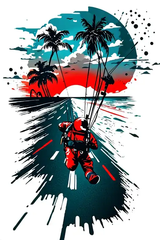 Skydiver, seaside, palms, sunset, road, clouds surrounding tattoo design idea