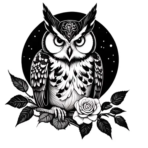 rose wolve owl night time piece tattoo design idea