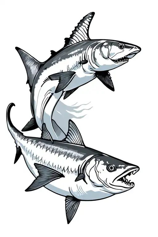 Great white shark and striped bass fish swimming alongside simple tattoo design idea