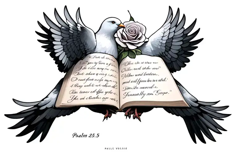 Create a image with 2 doves holding a script with the Bible verse psalm 25:5 with on the top of the script with roses  tattoo design idea