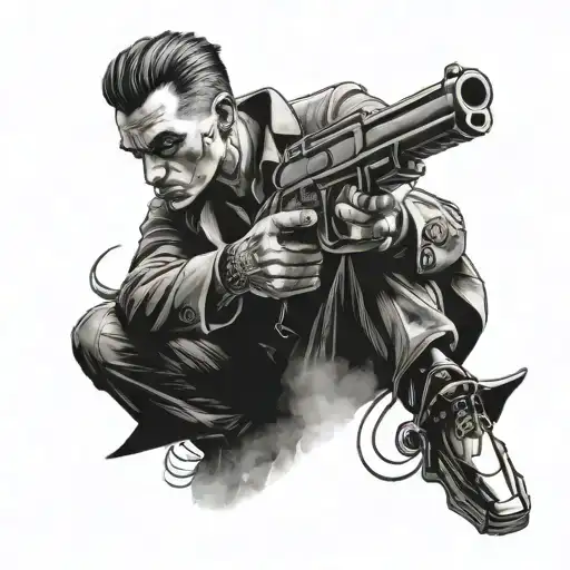 A gangster holding a mini draco gun in a unique and artistic way, rendered in black-grey style tattoo design idea