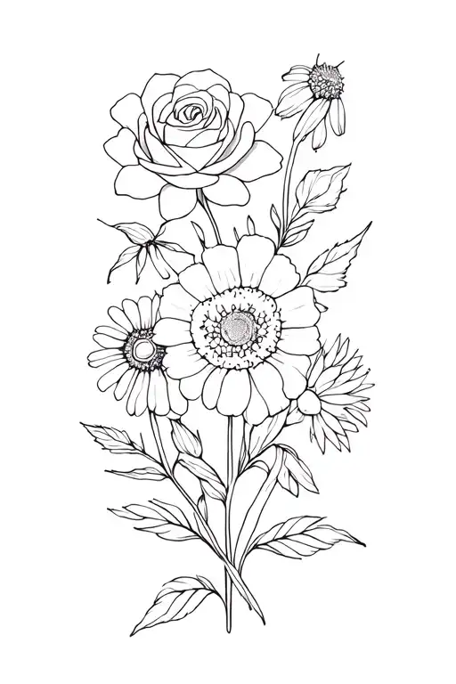 Make a fine line tattoo with these flowers, Rose, Daffodil, Daisy, Carnation,  Aster, Peony  tattoo design idea