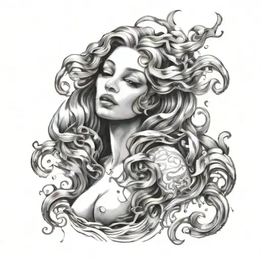 birth of venus artwork,siren,dripping hair sticking to bodysharp elongated teethtempestuous water,black pit eyes staring tattoo design idea