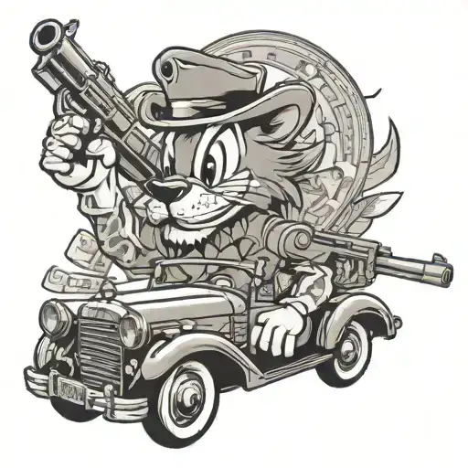 lion with dollars donald duck retro car and gun tattoo design idea
