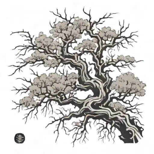 Japanese symbol overlapping dead tree branches  tattoo design idea
