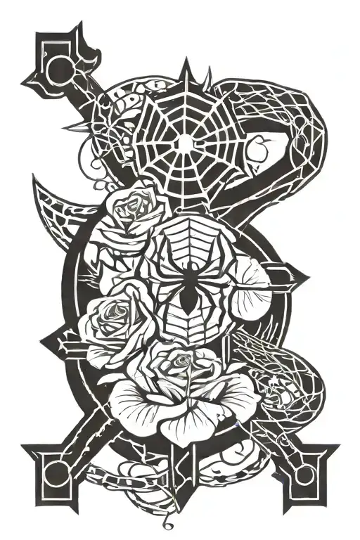 A rose with a couple pedals fallen off, a cross, a spider man logo (JUST the logo) tattoo design idea