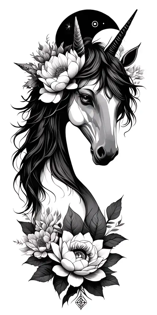 unicorn, all-seeing eye, peonies, lotus flowers, yoga lotus pose with hands, chakra symbols, sun & moon, mandalas  tattoo design idea