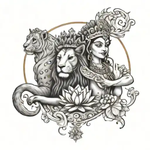 infinity, Queen crown,sun,moon, lotus, female lions,venus, krishna and radha,11:11 tattoo design idea