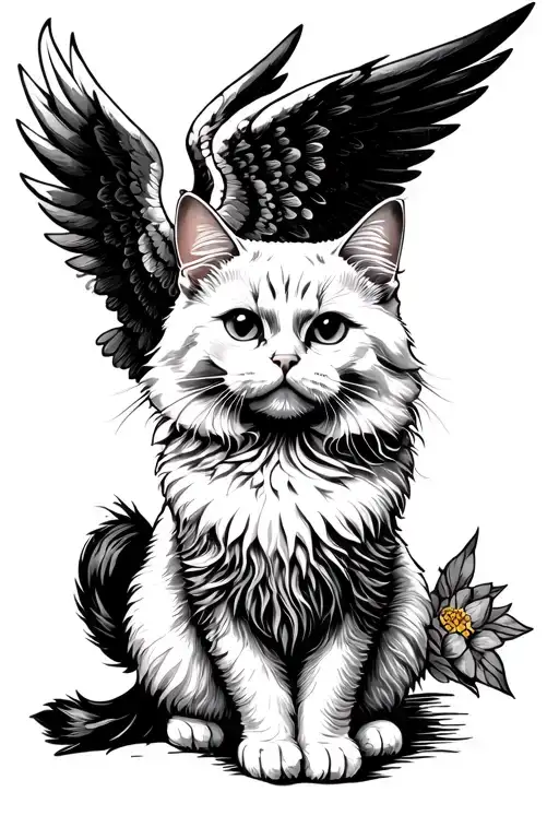 white fluffy cat with angel wings tattoo design idea