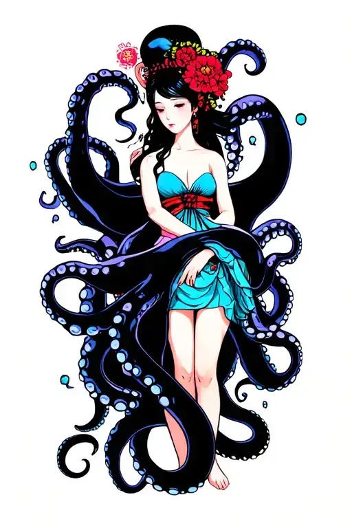 octopus wrapping its tentacles around a Japanese woman tattoo design idea