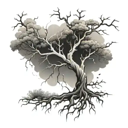 tree with lightning long roots tattoo design idea