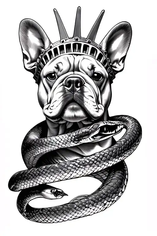 french bulldog, lady liberty, snake wrapped tattoo design idea