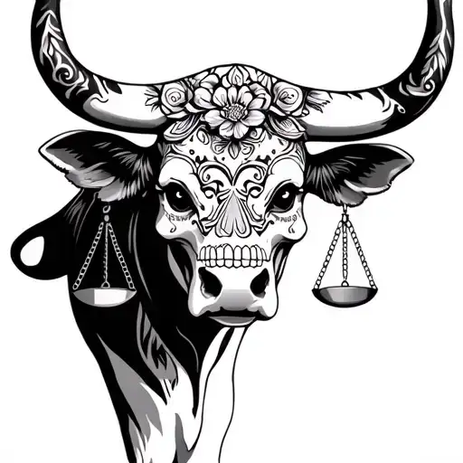 feminine bull with sugar skull markings and 2 Libra scales and dark shaded background tattoo design idea