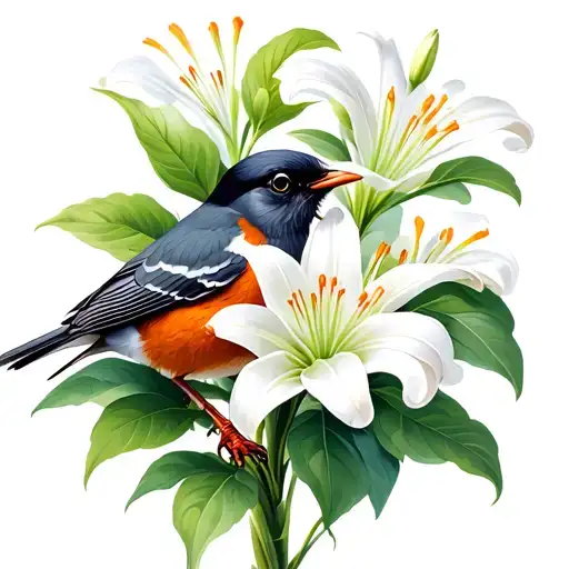 Madonna Lily flower growing amidst American robin bird tattoo design idea