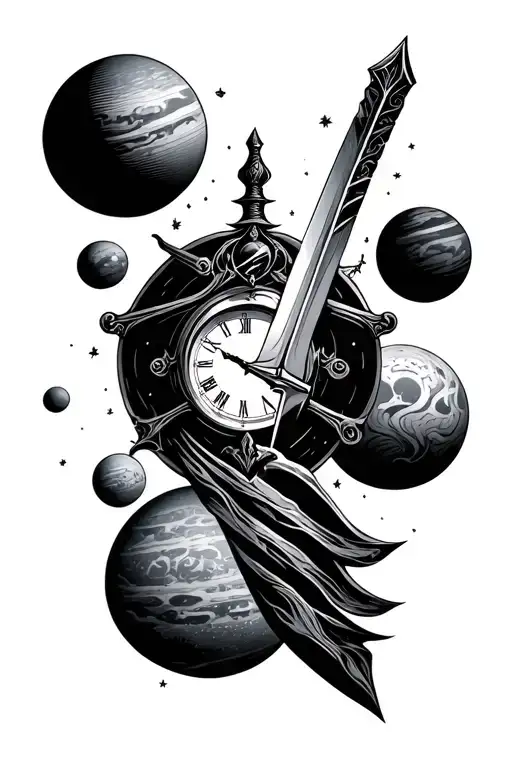 black start space, planets, time clock, sword tattoo design idea