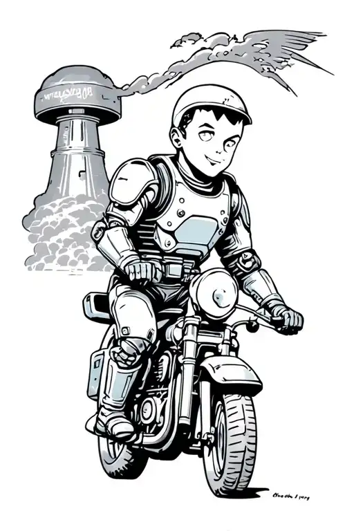 Vault boy wearing power armor from the neck down, while riding a nuke tattoo design idea