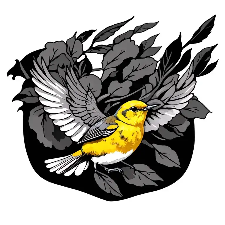 yellow warbler flying tattoo design idea
