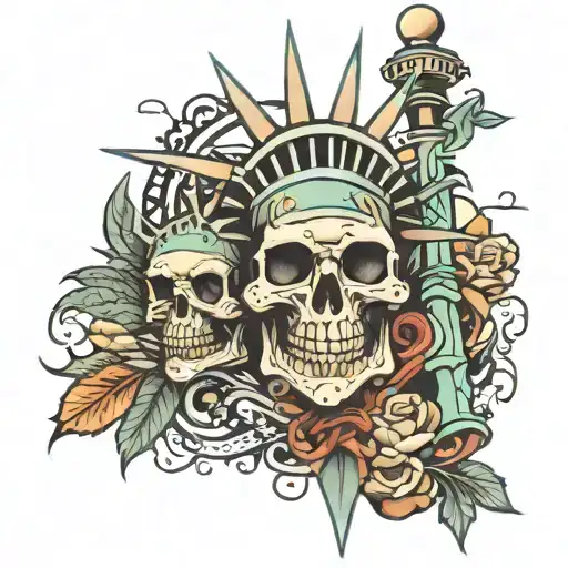 half skeleton statue of liberty above crossed keys tattoo design idea