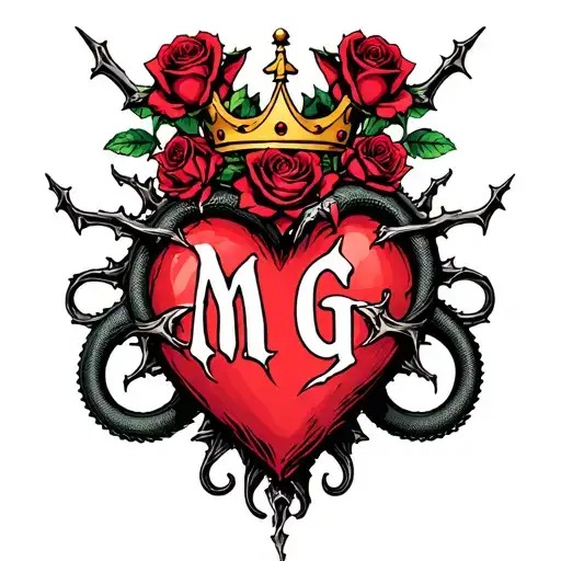 "M G" Gothic-style heart entangled with thorns, topped with a crown, four roses, and two angry snakes with Gothic-style letter tattoo design idea