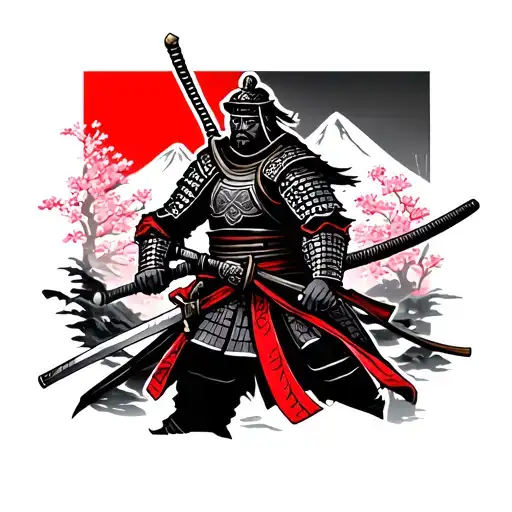 Japanese samurai in armor with Katana, Irezumi style, on the forearm, background-Sakura and mountains, black-red palette, high tattoo design idea
