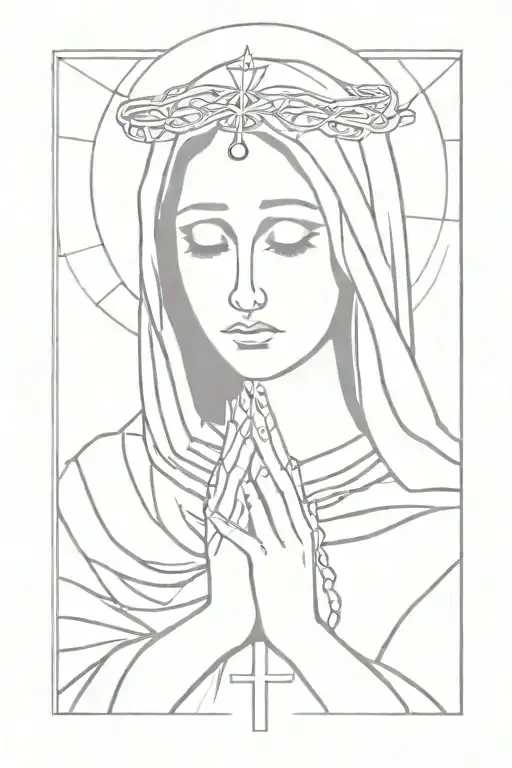 Virgin Mary praying while shedding a tear with cross necklace wrapped around her two hands tattoo design idea