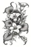 footprint outline and calla lilies blooming along tattoo design idea