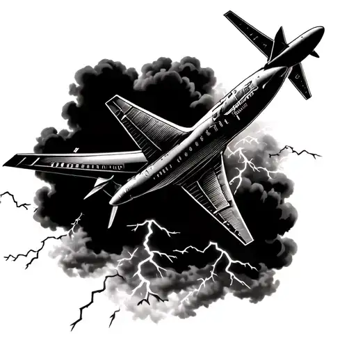 A unique design of an airplane flying through a sky filled with lightning bolts and ominous storm clouds tattoo design idea