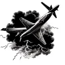 A unique design of an airplane flying through a sky filled with lightning bolts and ominous storm clouds tattoo design idea