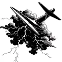 A unique design of an airplane flying through a sky filled with lightning bolts and ominous storm clouds tattoo design idea