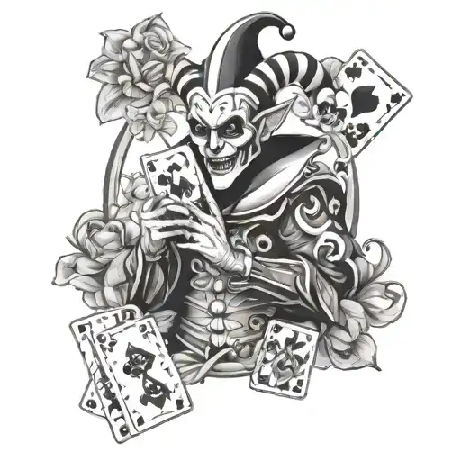 jester with cards and mask surrounded by flowers. good/evil tattoo design idea
